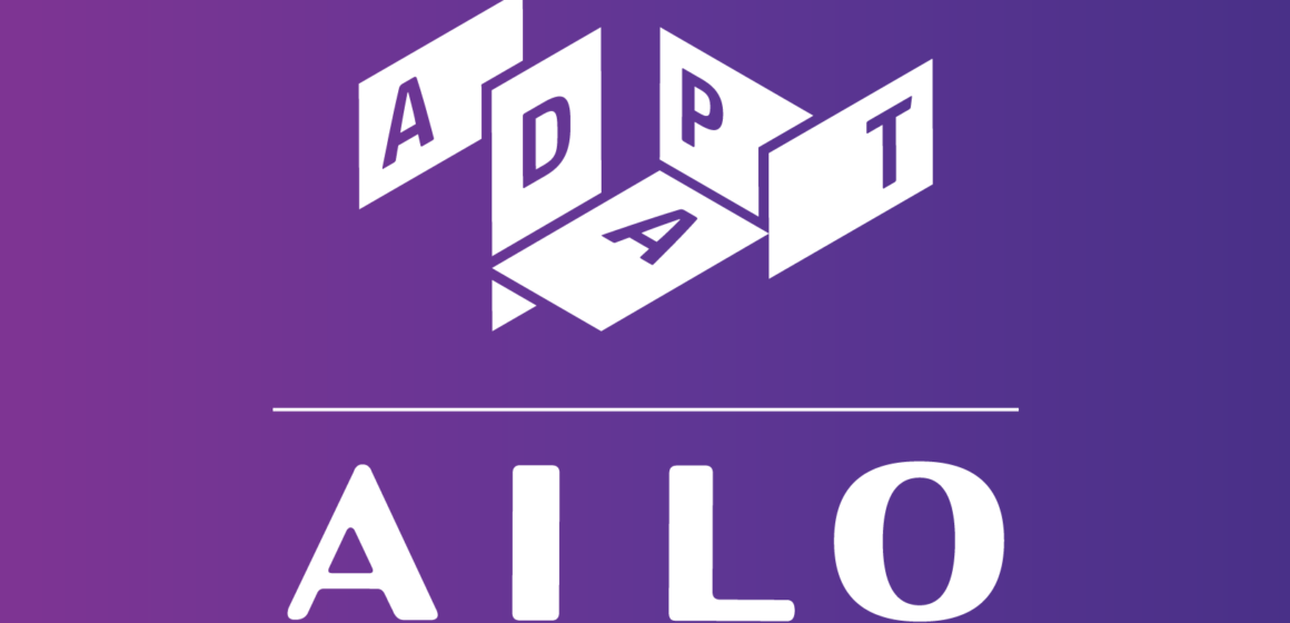 A graphic design with a purple gradient background features a white logo at the top, displaying the word "ADAPT" in a 3D block style. Below a horizontal line is the text "AILO" in bold white letters.