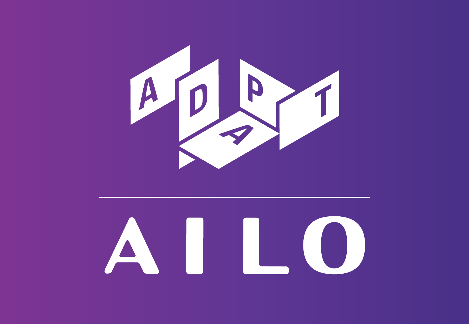 A graphic design with a purple gradient background features a white logo at the top, displaying the word "ADAPT" in a 3D block style. Below a horizontal line is the text "AILO" in bold white letters.